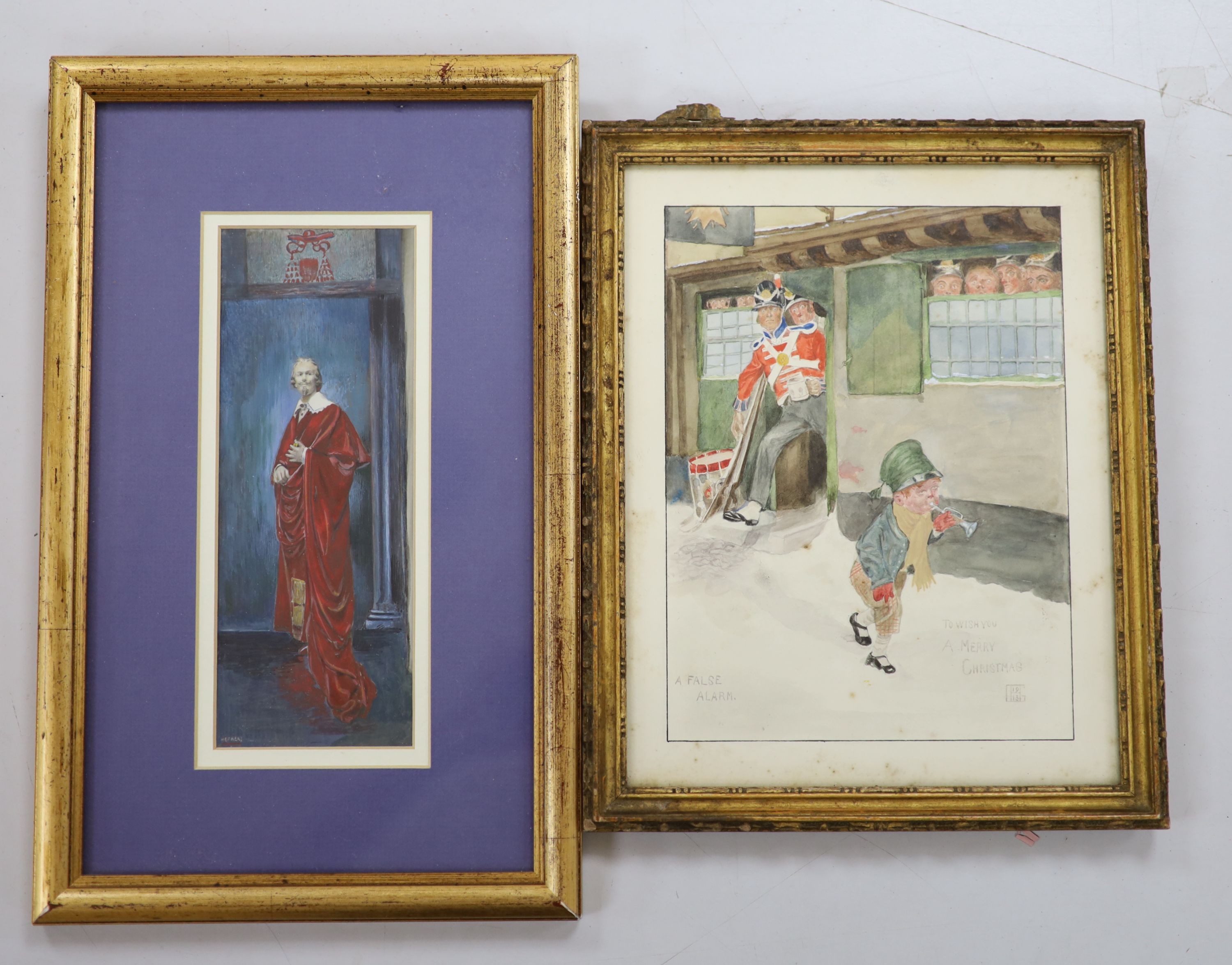 English School 1913, watercolour, 'A False Alarm', monogrammed and inscribed 'Merry Christmas', 21 x 16cm, and an overpainted print of a Cardinal, 20 x 7.5cm